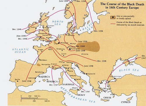 [map of the spread of the black death through
europe]